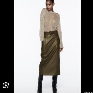 ZARA Deep Olive Green Leather Belted Midi Skirt Pockets Blogger Favorite Medium